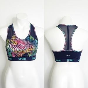 ACX Racerback Tropical Palm Leaf Colorful Mesh Back Sports Bra NWOT sz M